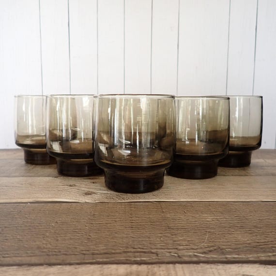 Vintage Libbey Glass TAWNY ACCENT Smoky Brown Old Fashioned Set of 6 Rocks Glasses