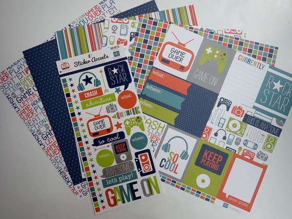 Echo Park Game On Mini Theme Scrapbook Kit 12x12 Paper 6 Sheets Journal Cards Stickers Video Game Paper