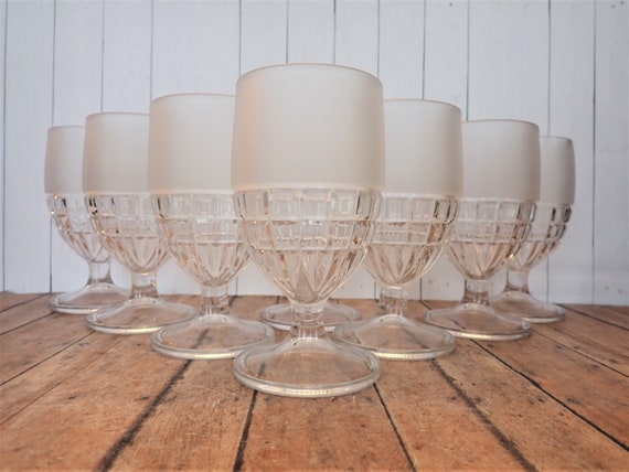 Vintage Clear and Frosted Glass Goblet Wine Glass Set of 8 Glasses with Square Waffle Pattern Mid Century Modern