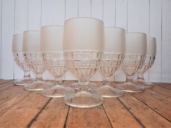 Vintage Clear and Frosted Glass Goblet Wine Glass Set of 8 Glasses with Square Waffle Pattern Mid Century Modern