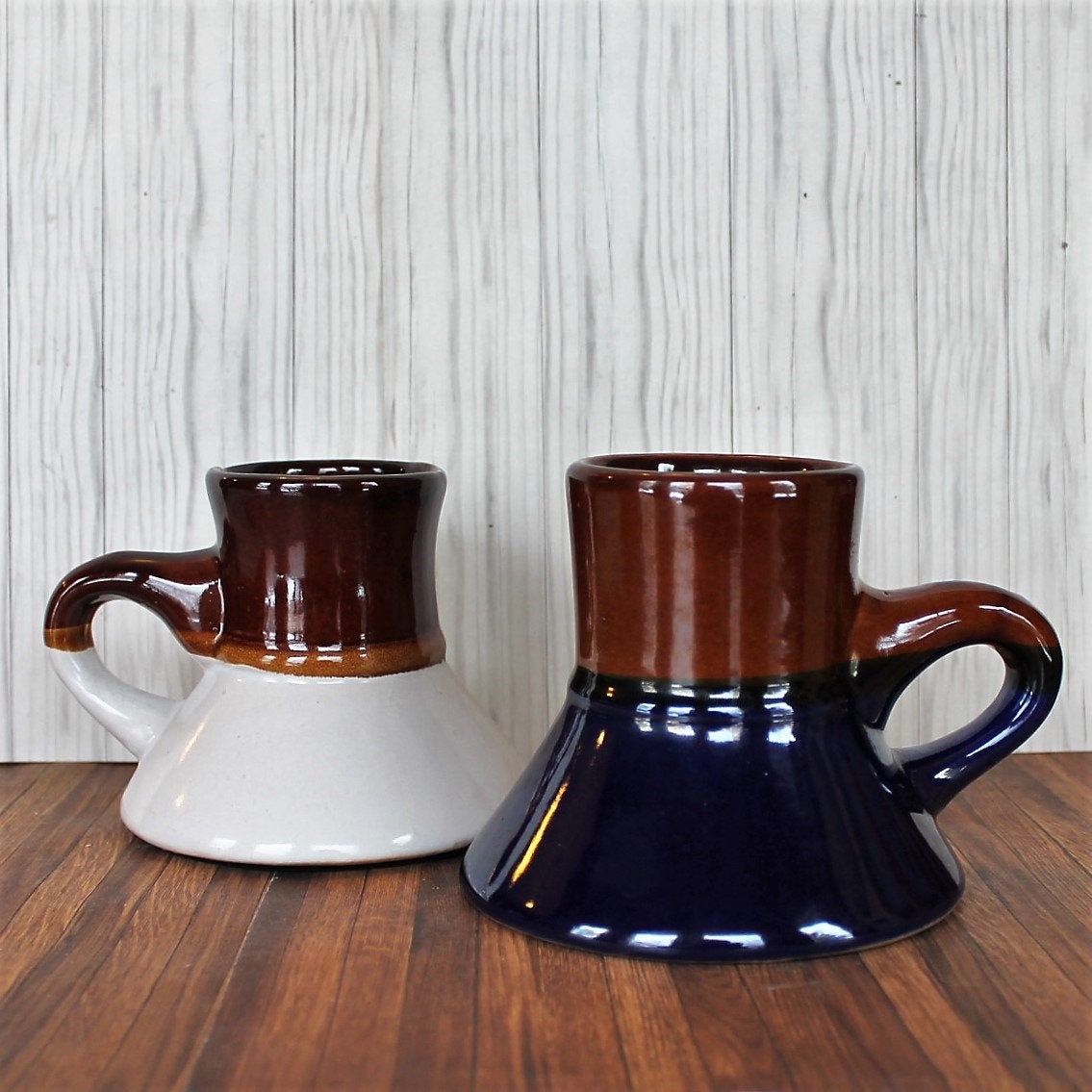 Vintage Wide Base No Spill Ceramic Stoneware Travel Mugs Pair Set of 2 Spill Proof Volcano