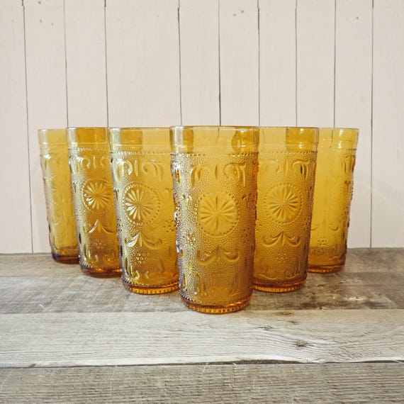 Vintage Brockway Glass AMERICAN CONCORD AMBER 5.5" Tumbler Set of 6 with Daisy Design Golden Yellow Floral Design Sandwich Glass