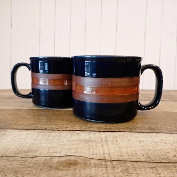 Vintage Otagiri Horizon Style Blue Stoneware Mug Set of 2 Matching Blue Brown and White Striped Banded Mug
