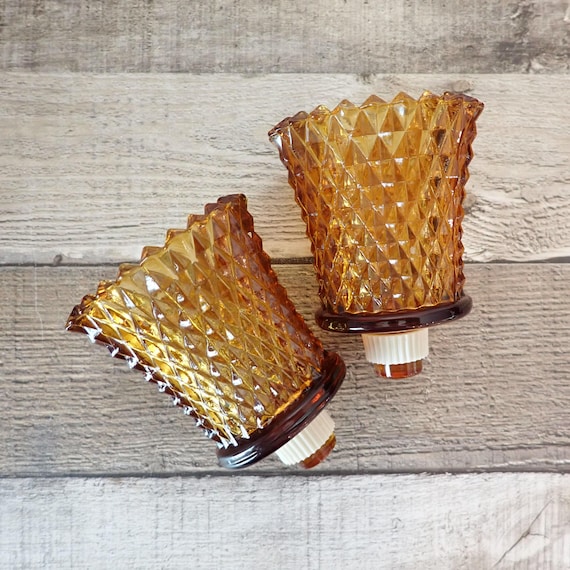 Vintage Amber Glass Votive Cup Set of 2 Diamond Point Pattern