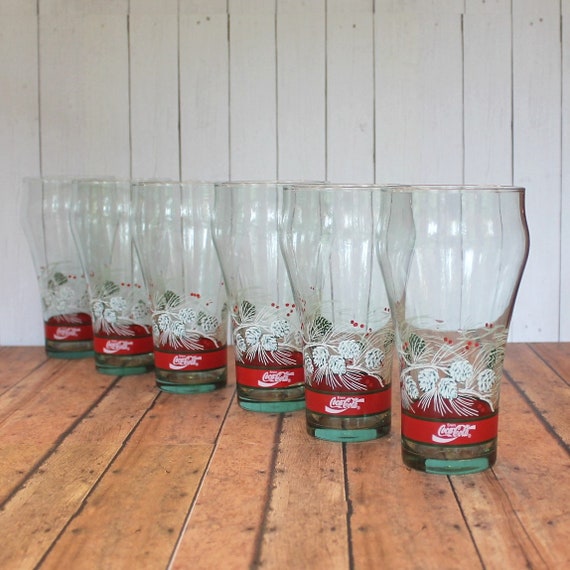 Vintage Libbey Coca Cola Christmas Holiday Tumbler Set of 6 with Green Pine Needles Branches and Pinecones and Holly Design Coke Glasses