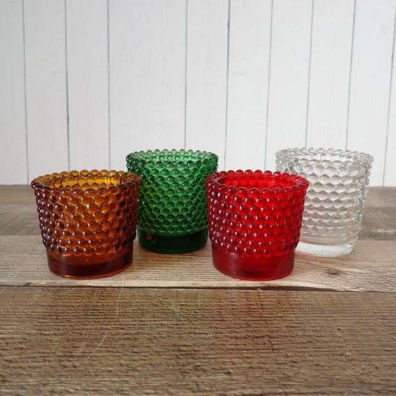 Vintage Mismatched Glass Votive or Tealight Christmas Candle Holder Set of 4 Red Green Amber Clear Hobnail Mix and Match Set