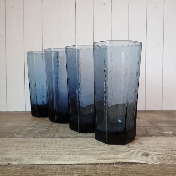 Vintage Libbey Glass FACETS Cobalt Blue 5.5" Tumbler Set of 4 Highball Glasses 12 oz.