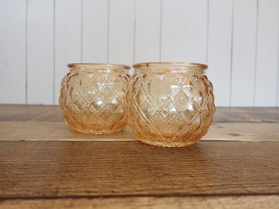 Vintage Light Amber Peach Yellow Quilted Votive Tealight Candle Holders Pair Set of 2 Candleholders