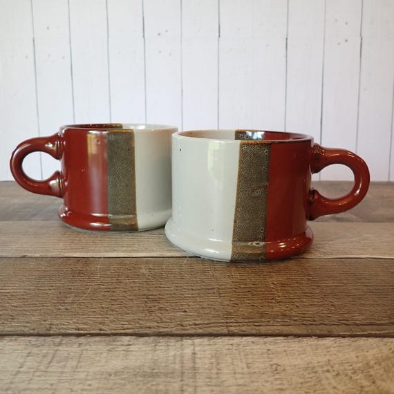 Vintage Style Setter Stoneware Mug Set of 2 White Gray and Red Banded Striped Design