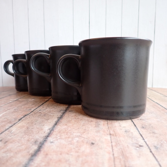 Vintage Pfaltzgraff MIDNIGHT SUN Flat Cup Set of 4 or Set of 8 Cups Mugs Black Geometric Modern Design Mug