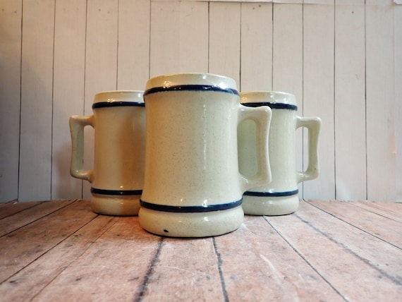 Vintage Stoneware Mug Beer Stein Tankard Set of 3 White with Blue Bands Striped Early Primitive Style