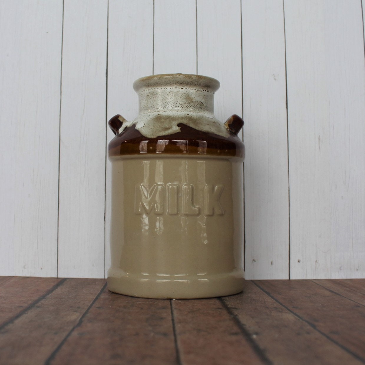 Vintage Stoneware Utensil Crock Canister Milk Jug Style Cream and Brown