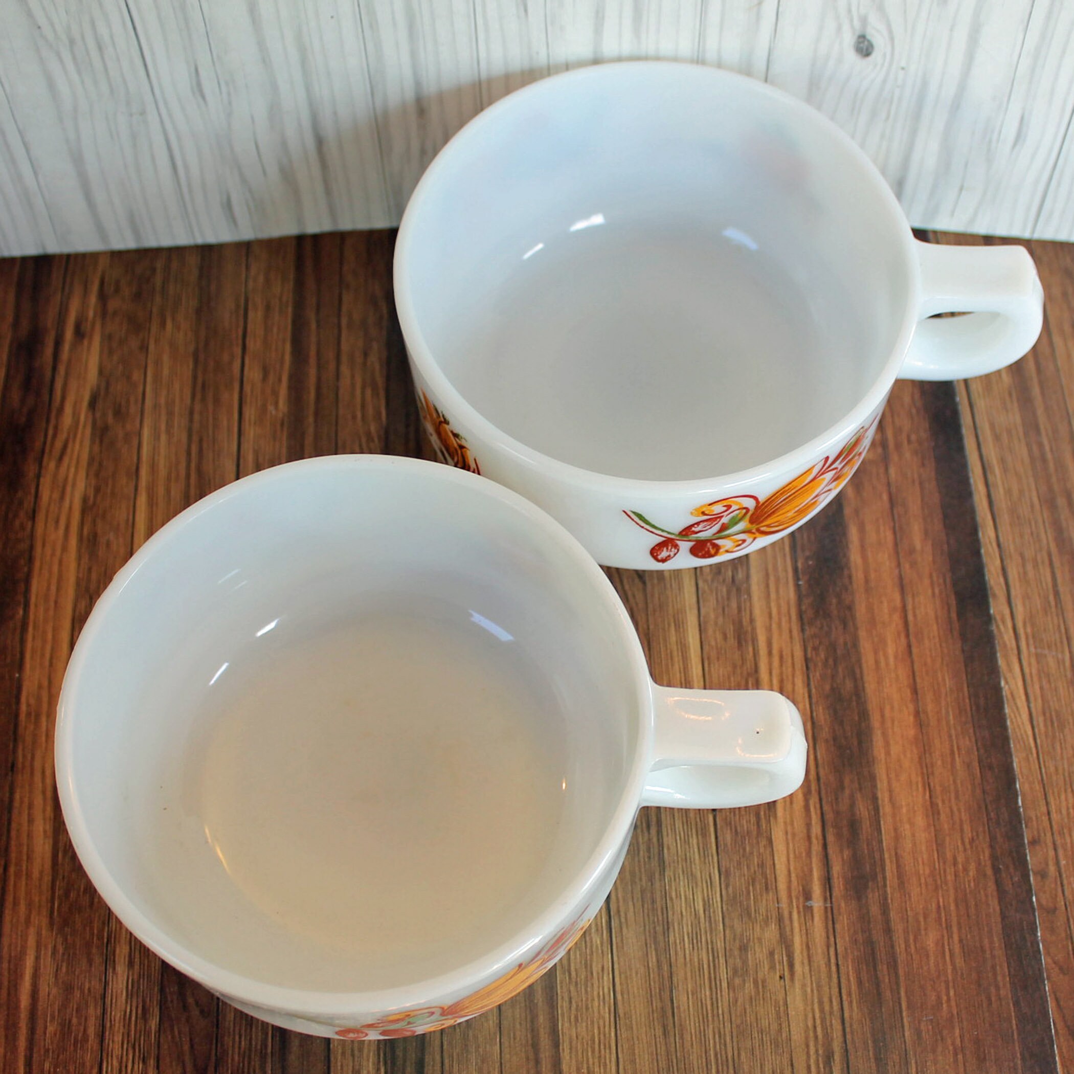 Vintage Milk Glass Soup Bowl Set of 2 White Bowls with Yellow and Red