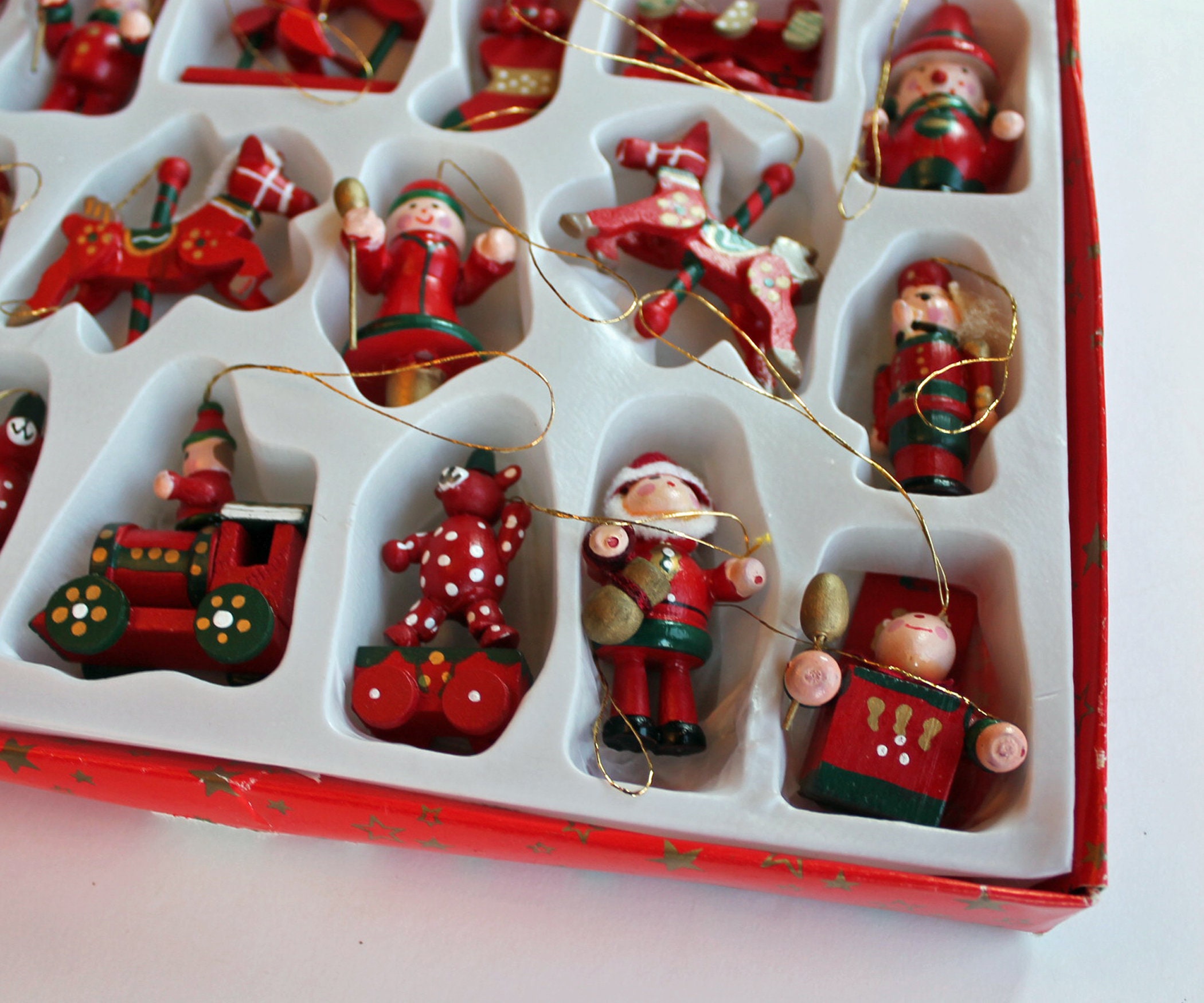 Vintage German Wooden Miniature Christmas Ornaments Set of 18 Tabletop