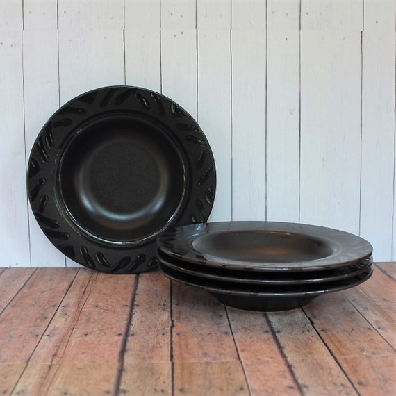 Vintage Pfaltzgraff MIDNIGHT SUN 9" Rim" Soup Cereal Bowl Set of 4 Bowls Black Geometric Modern Design