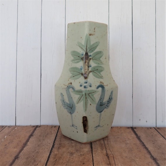 Vintage Stoneware Vase Gray with Blue and Brown Bird Tree Leaf Design Otagiri Style Takahashi UCTCI