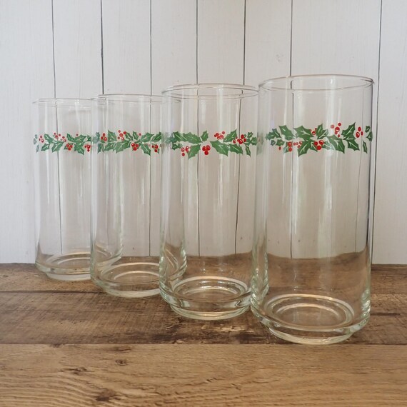 Vintage Corelle Corning WINTER HOLLY 14 oz. Glass Tumbler Set of 4 Glassware Clear with Green Holly Leaves Christmas Drinkware