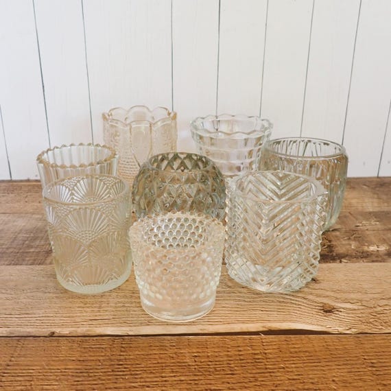 Vintage Mismatched Glass Votive or Tealight Candle Holder Set of 8 Clear Candleholders Mix and Match Patterns Wedding Candles