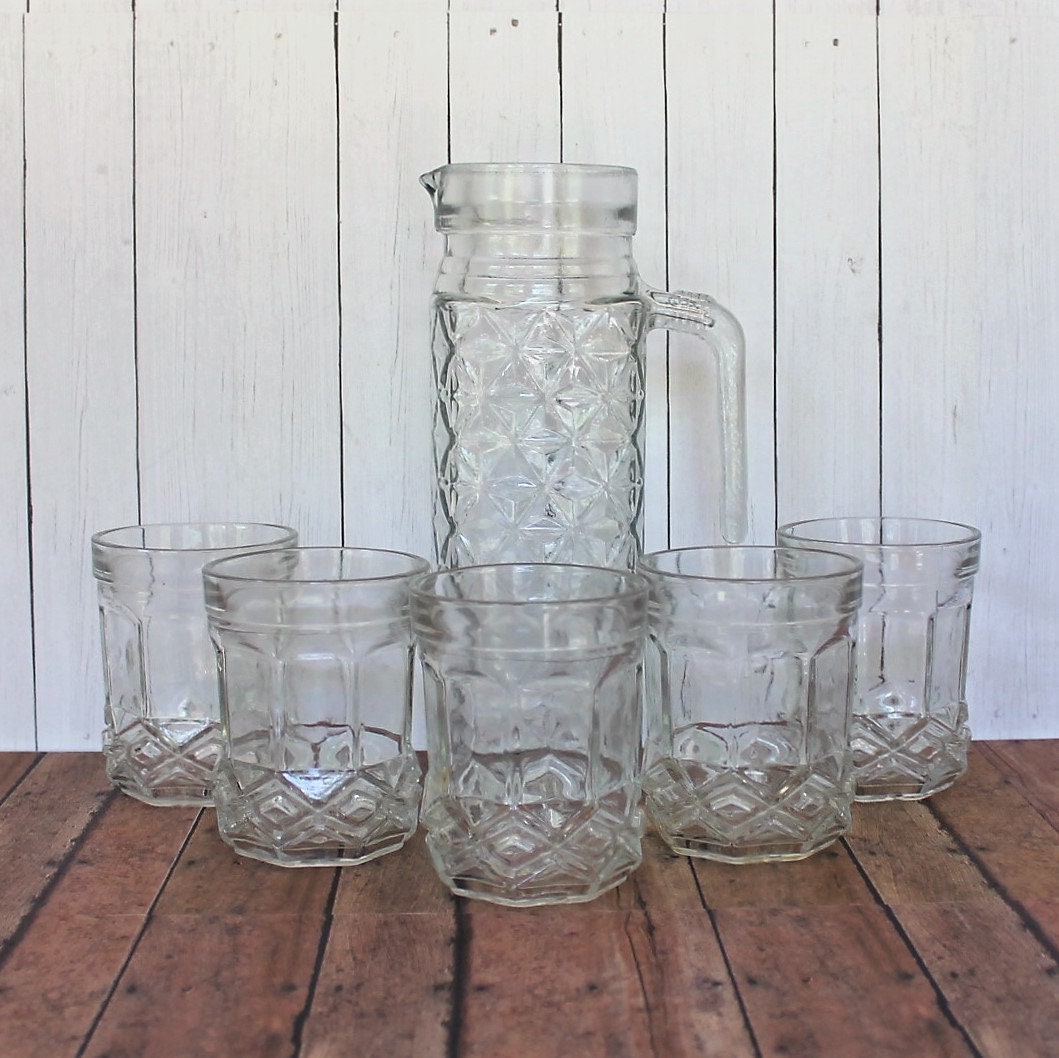 Vintage Jelly Jar Juice Glasses and Pitcher Set Diamond Star Design