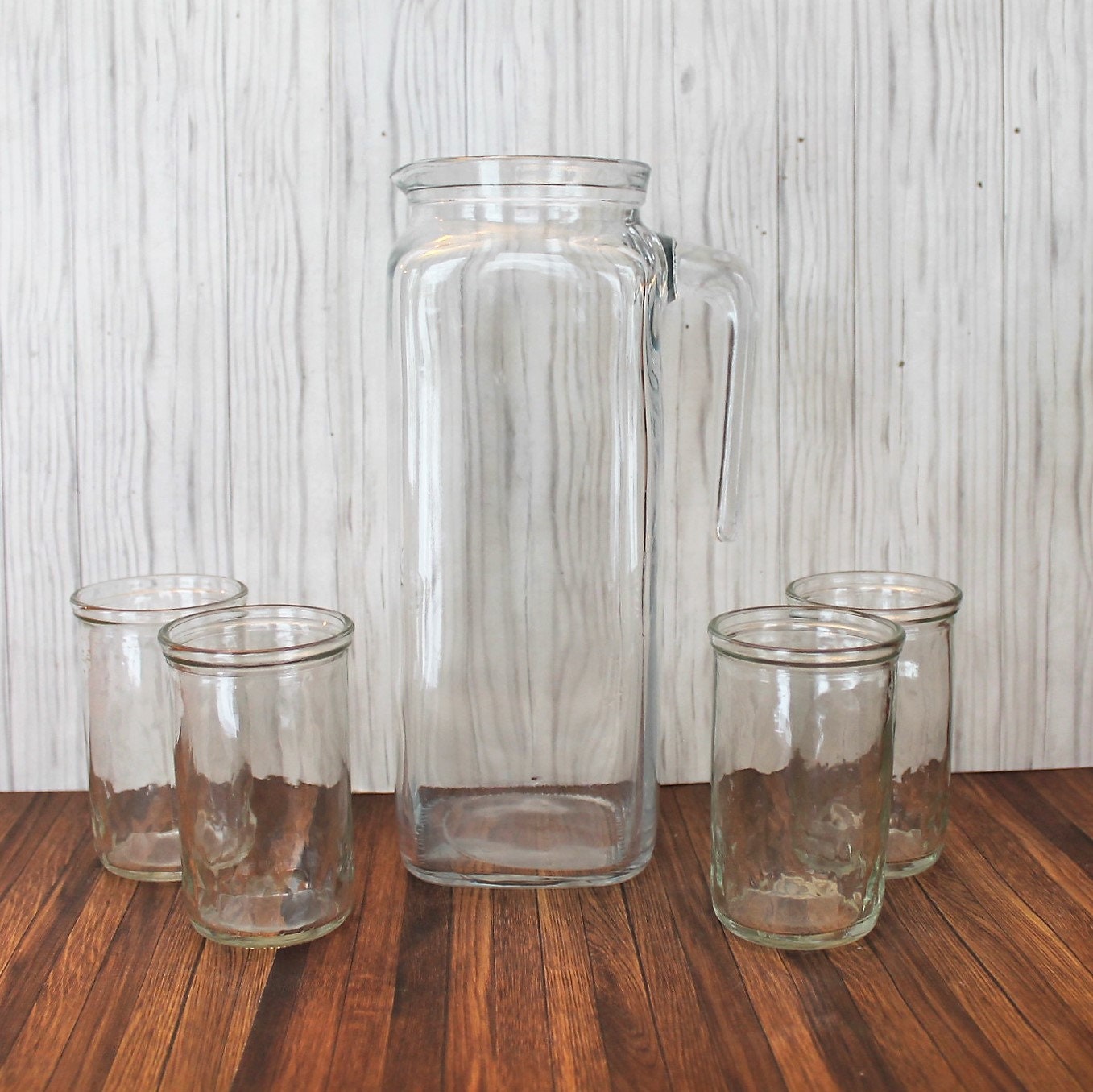 Vintage Jelly Jar Juice Glasses and Pitcher Set Diamond Star Design