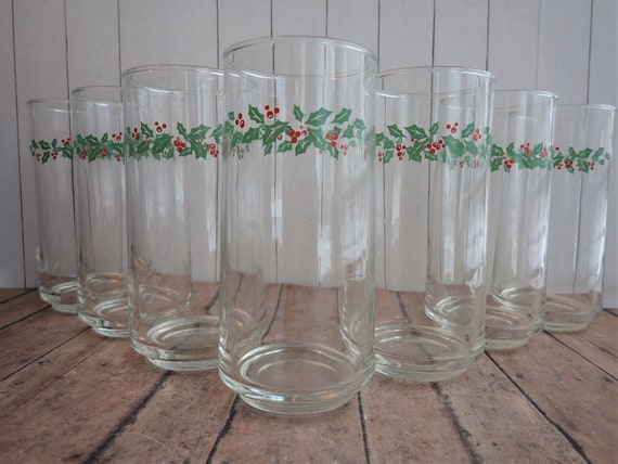 Vintage Corelle Corning WINTER HOLLY 14 oz. Glass Tumbler Set of 8 Glassware Clear with Green Holly Leaves Christmas Drinkware