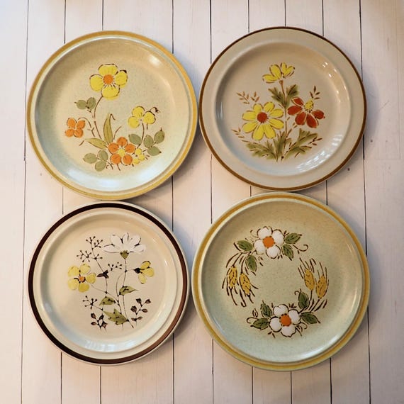 Vintage Mismatched Stoneware Salad Plate Set of 4 Mix and Match Plates White with Yellow Green Blue Brown Flower Designs 1970s