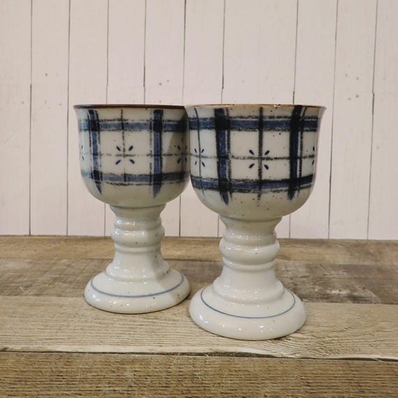 Vintage Otagiri Stoneware Goblet Wine Glass Set of 2 Ceramic White with Blue Plaid Design Ceramic Goblet