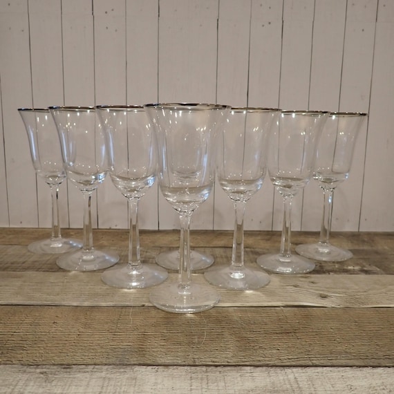 Vintage Lenox MAYWOOD 6.5" Clear Wine Glass Set of 8 Small Goblets Clear with Silver Platinum Rim Marked Lenox
