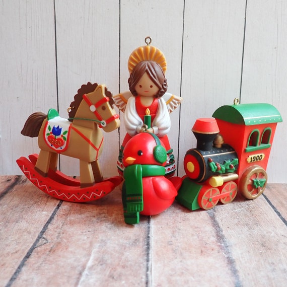 Vintage HALLMARK AMBASSADOR Christmas Ornaments Set of 4 Horse Angel Red Bird Train 1980