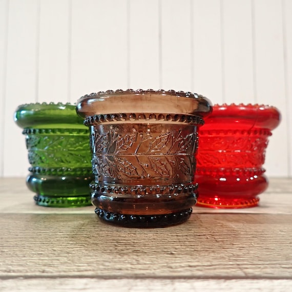 Vintage Christmas Evergreen Votive Candle Holder Set of 3 with Holly Design Red Green and Brown