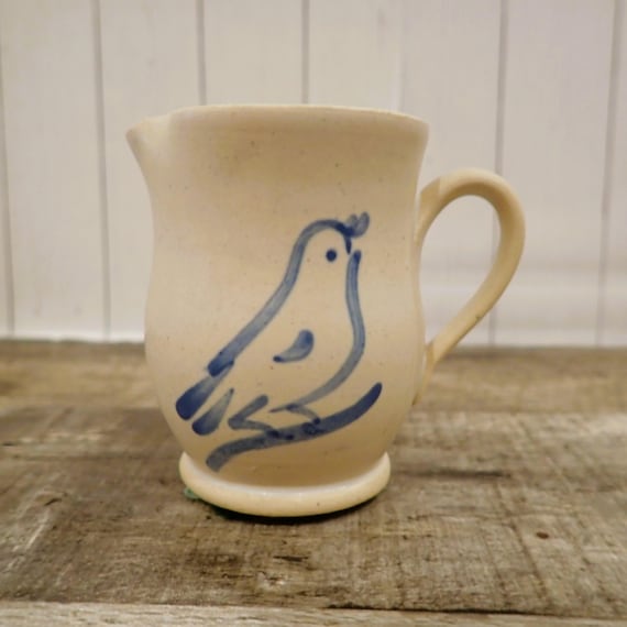 Vintage American Girl Pleasant Company Miniature Pitcher Gray and Blue Stoneware Pitcher with Bird Kirstens Tea Set