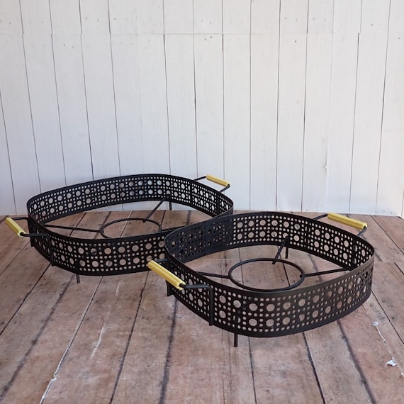 Vintage Black Metal Casserole Dish Holders Set of 2 Square 8" and 10" Dish Holders with Geometric Lattice Modern Design