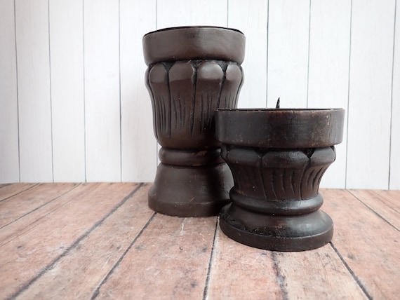 Vintage Wooden Carved Candlestick Pair Chunky Wood with Tiki Tribal Design Brown Candle Stick Holder