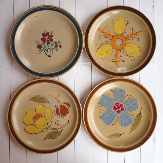 Vintage Mismatched Stoneware Salad Plate Set of 4 Mix and Match Plates Tan with Brown Orange Blue Flower Designs 1970s