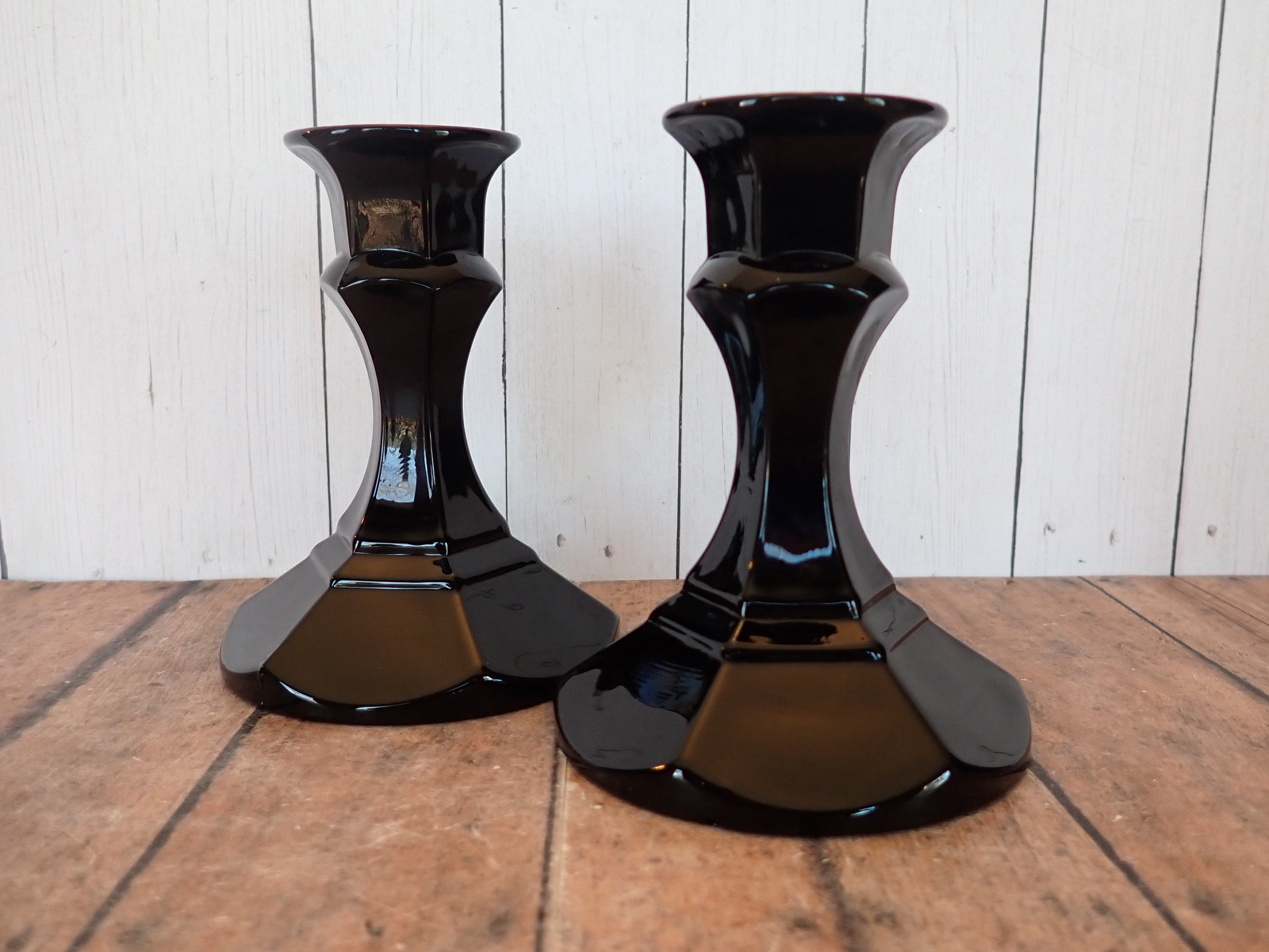 Vintage 4 Black Glass Candlestick Holders Pair Set of 2 Candle Holders