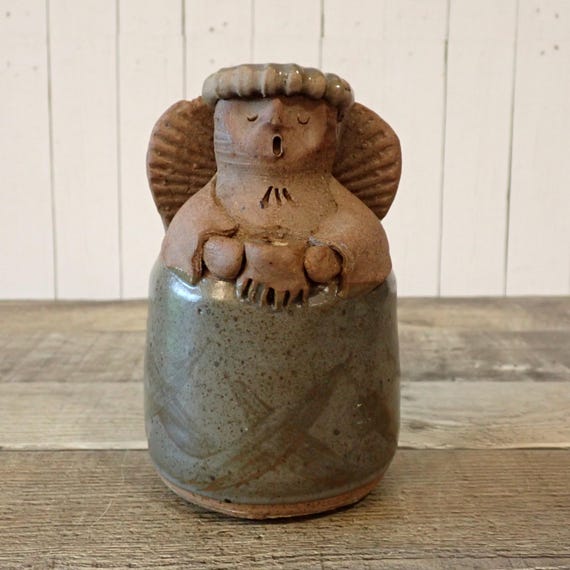 Vintage Pottery Singing Angel Figurine Vase Tan and Green Studio Pottery Artist Signed