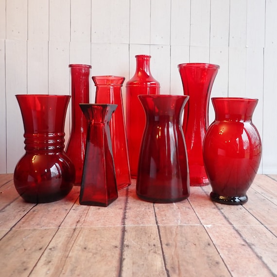 Vintage Red Glass Vase Set of 8 All Different Pattern Wedding Vases Mismatched Mix and Match Vases