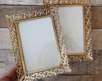 Vintage 5x7 Brass Gold Photo Picture Frame Set of 2 Matching with Filigree Floral Flower and Leaf Design 5&quot; x 7&quot;