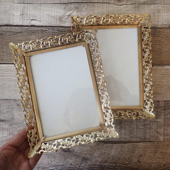 Vintage 5x7 Brass Gold Photo Picture Frame Set of 2 Matching with Filigree Floral Flower and Leaf Design 5" x 7"
