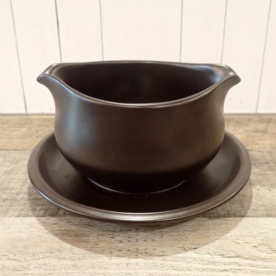 Vintage Noritake Folkstone EQUATOR or SAFARI Gravy Boat with Attached Underplate Brown Stoneware