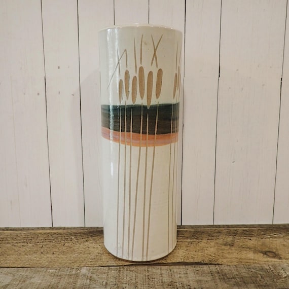 Vintage Gordon Krause Hand Made Studio Pottery Vase White Blue and Pink with Cattail Design Cat Tails