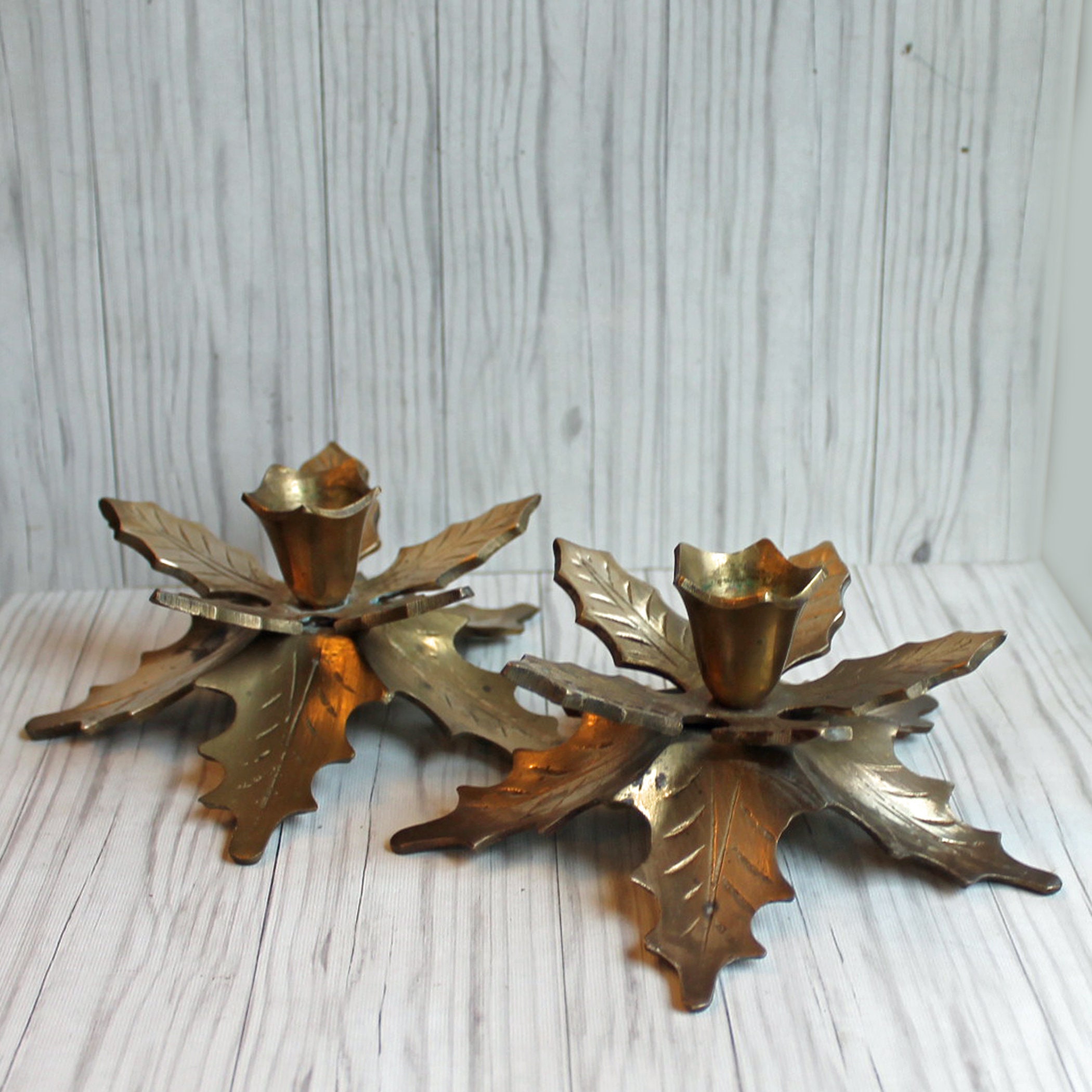 Vintage Brass Holly Candlestick Holder Set of 2 Christmas Candle