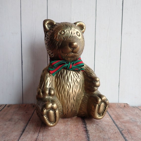 Vintage Brass Teddy Bear Figurine Christmas Decor