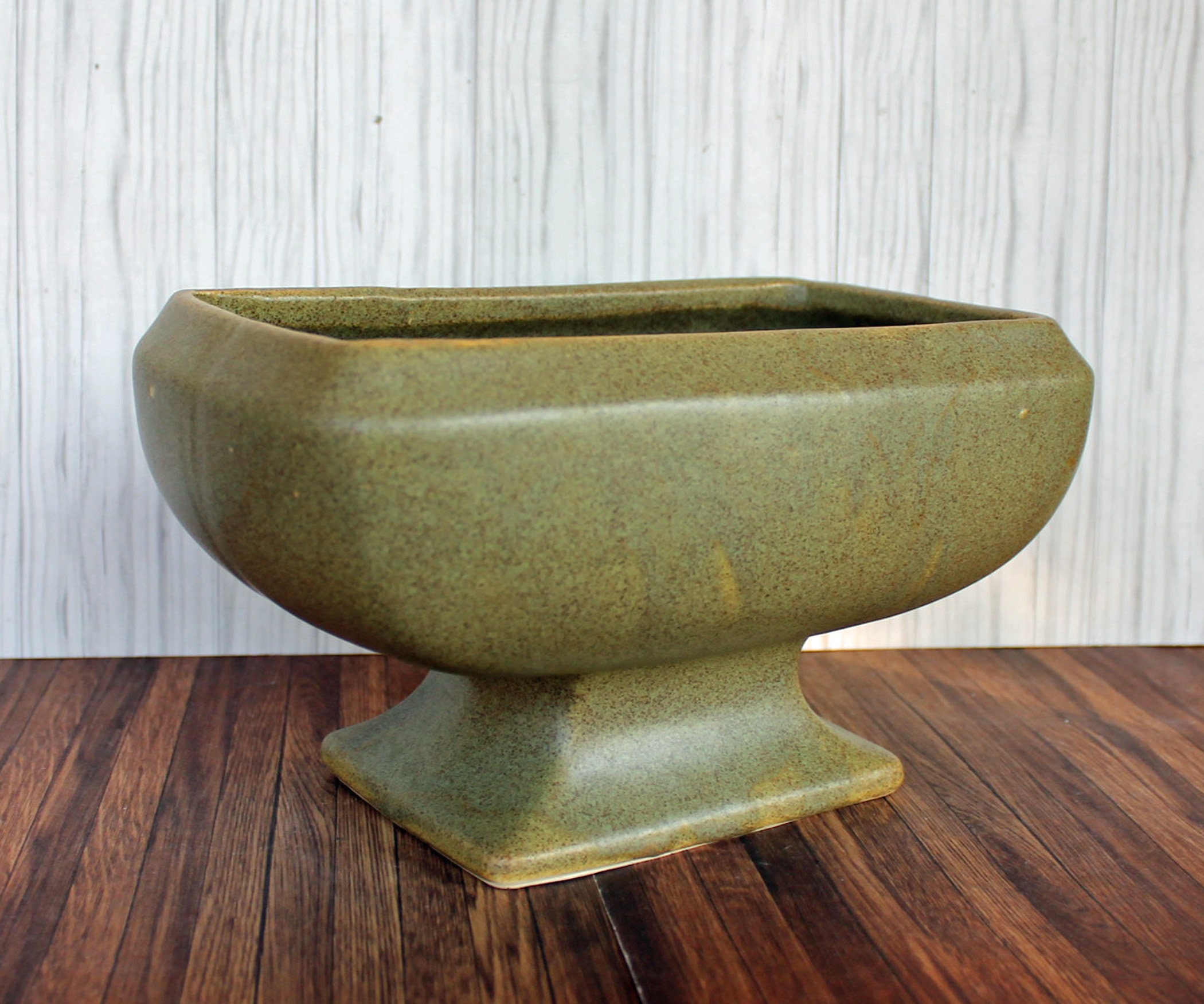 Vintage Ceramic Green Footed Planter Flowerpot Rectangular Pedestal