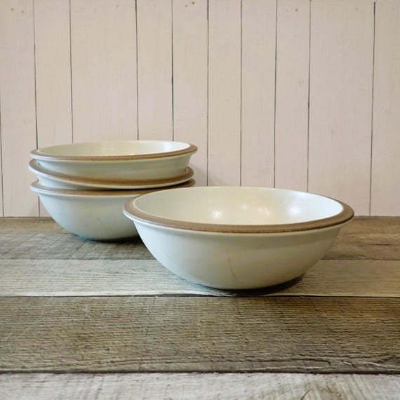 Vintage Dansk SANTIAGO WHITE Salad Plate Set of 4 and Single Cereal Bowl White Modern Stoneware with Tan Band on Rim