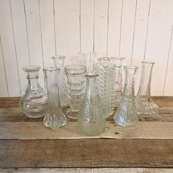 Vintage Clear Glass Bud Vase Set of 10 Vases All Different Patterns Wedding Vases