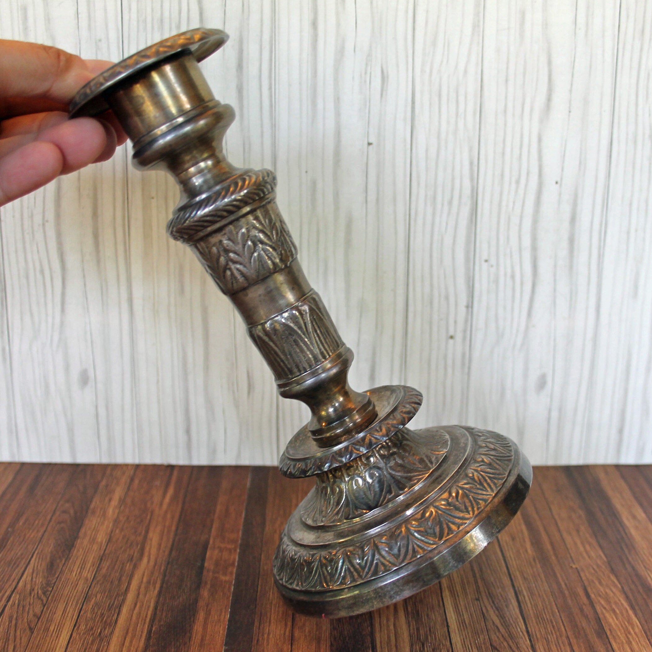Vintage Silver Pewter Metal Candlestick Taper Candle Holder with Etched