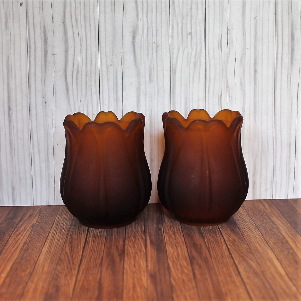 Vintage Faroy Glass Amber Votive Candle Holder Set of 2 Amber Flower