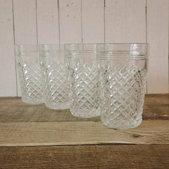 Vintage Anchor Hocking MISS AMERICA Clear 4" Juice Glass Set of 4 with Diamond Design