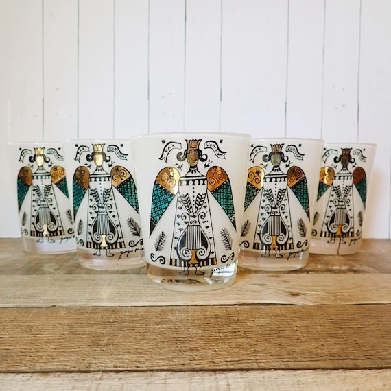 Vintage Georges Briard Frosted Christmas Angel Double Old Fashioned Glasses Set of 6 Mid Centry Modern Barware